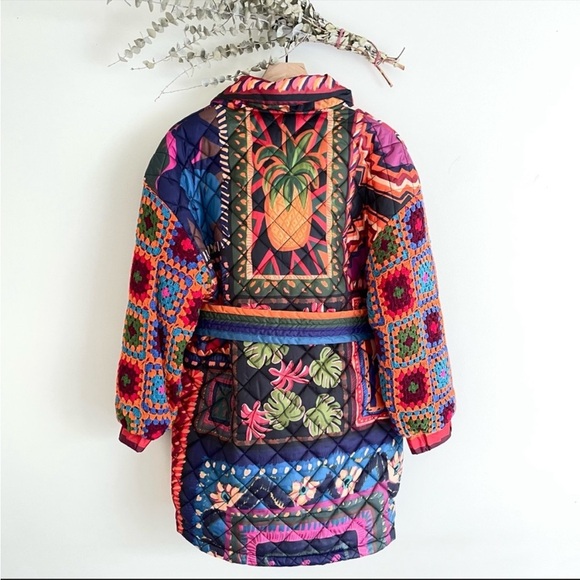 FARM RIO Patchwork Tapestry Crochet-Sleeve Puffer Jacket Coat Small NWT - Picture 2 of 14